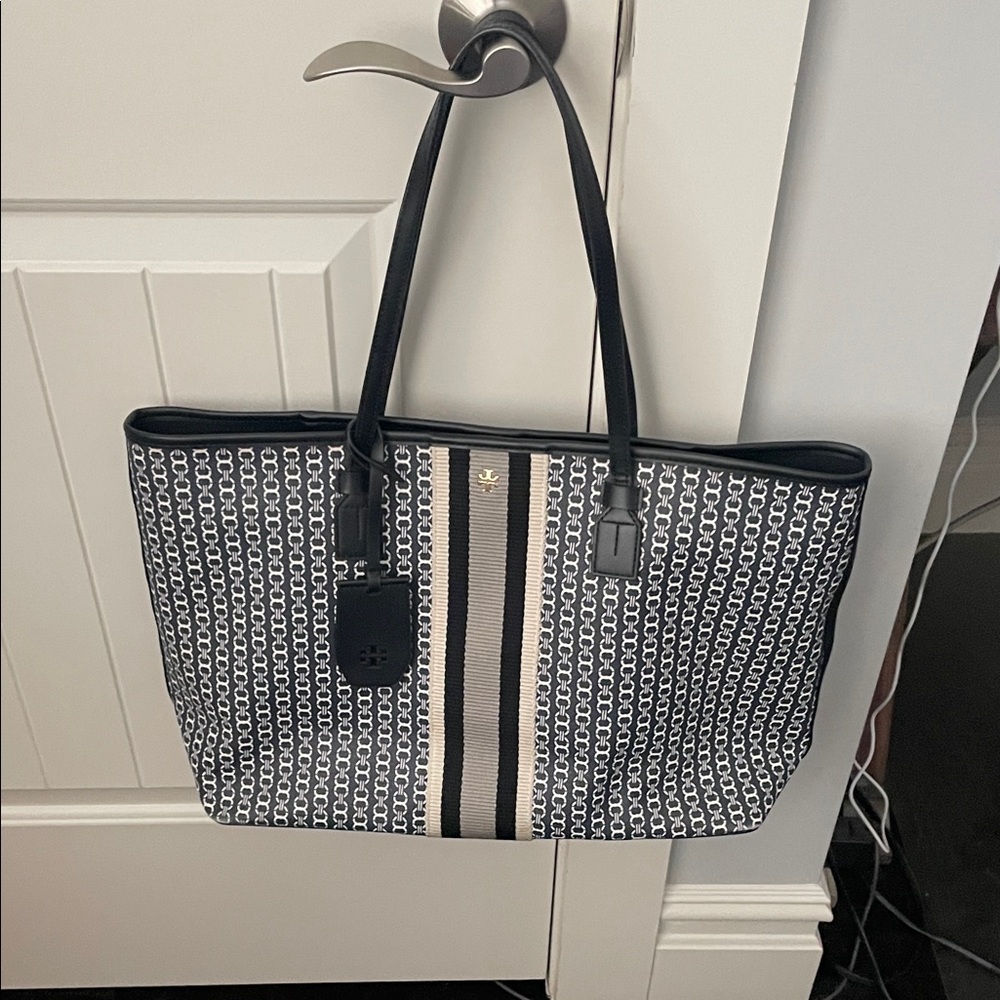 Tory Burch Gemini link black and white and gray canvas coated Tote Bag